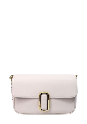 Marc Jacobs beige leather crossbody bag with gold-tone hardware and structured flap closure.