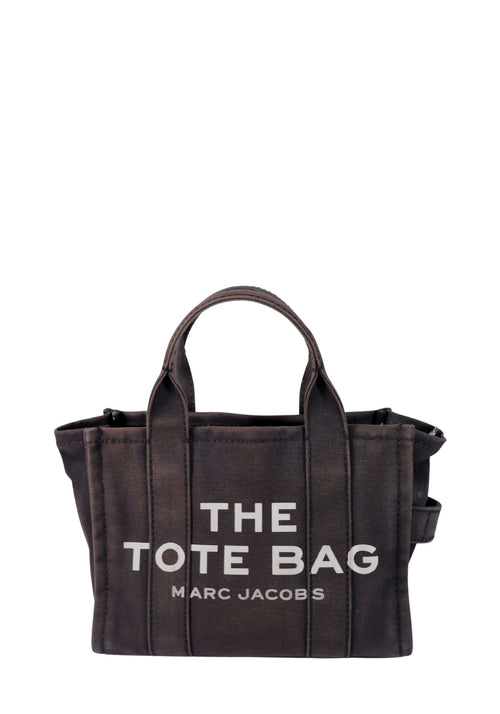 Marc Jacobs The Tote Bag mini canvas tote in dark brown with white logo print and dual top handles.