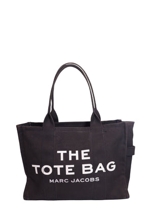 Authentic Marc Jacobs The Large Tote Bag in black canvas featuring the signature white logo print, spacious interior, and dual top handles.