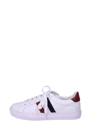 Moncler white leather low-top sneakers with red and navy stripe detail and lace-up design