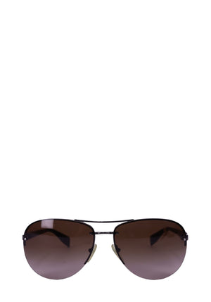 Prada aviator sunglasses with brown gradient lenses and dark metal frame, featuring slim temples and logo detail