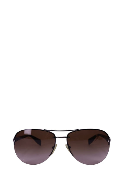 Prada aviator sunglasses with brown gradient lenses and dark metal frame, featuring slim temples and logo detail