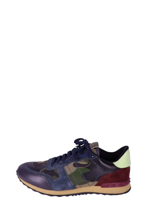Valentino men’s camouflage sneakers with leather and suede panels and multicolor heel detail
