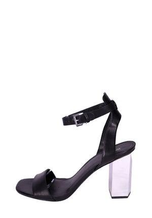 Michael Kors black leather heeled sandal with ankle strap and silver block heel