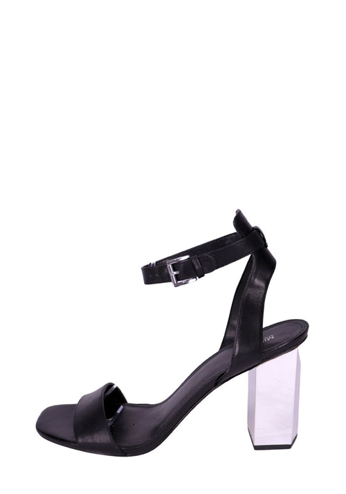 Michael Kors black leather heeled sandal with ankle strap and silver block heel