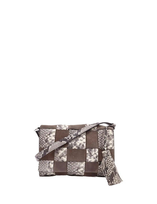 Michael Kors woven clutch bag with brown leather and snakeskin pattern panels with tassel detail