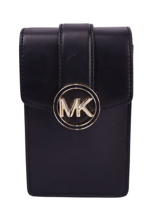Michael Kors black leather phone crossbody bag with gold MK logo clasp