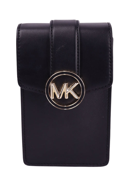 Michael Kors black leather phone crossbody bag with gold MK logo clasp