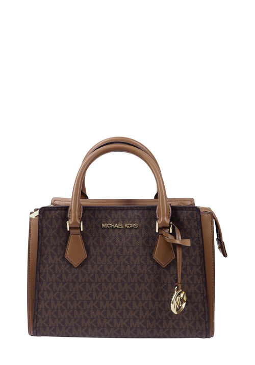 Michael Kors brown monogram satchel bag with leather trim, gold-tone hardware, and hanging MK logo charm.