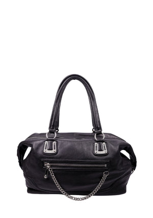 Authentic Michael Kors black pebbled leather satchel bag with silver-tone hardware, front zip pocket, chain detail, and double top handles.