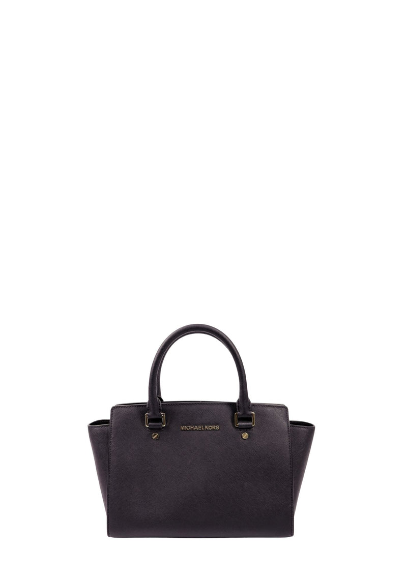 Michael Kors black saffiano leather satchel bag with gold-tone logo hardware and structured top handles.