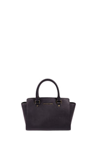 Michael Kors black saffiano leather satchel bag with gold-tone logo hardware and structured top handles.