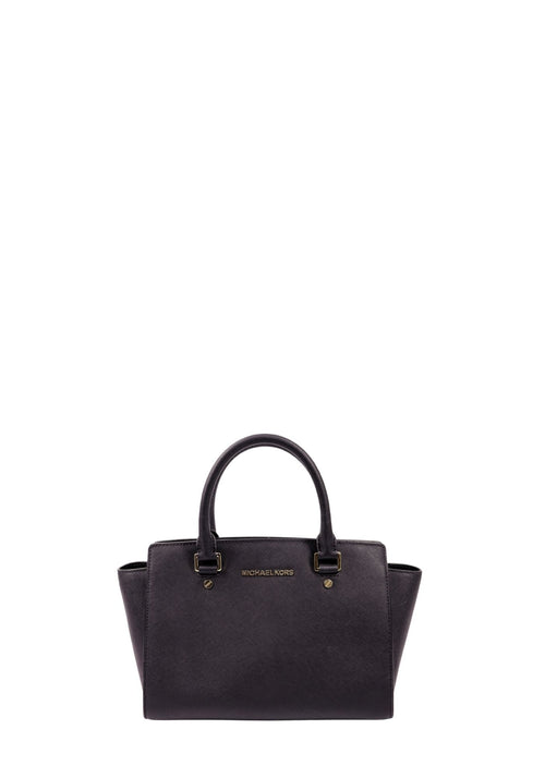 Michael Kors black saffiano leather satchel bag with gold-tone logo hardware and structured top handles.