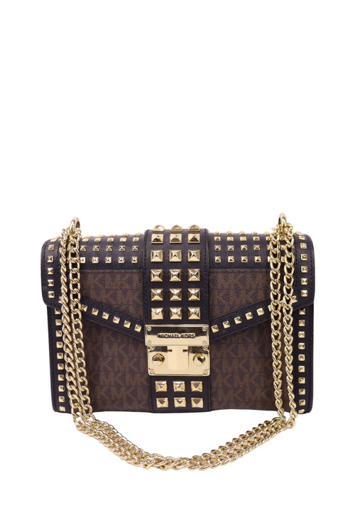 Michael Kors brown monogram shoulder bag with gold-tone studs, chain straps, and structured lock-front closure.