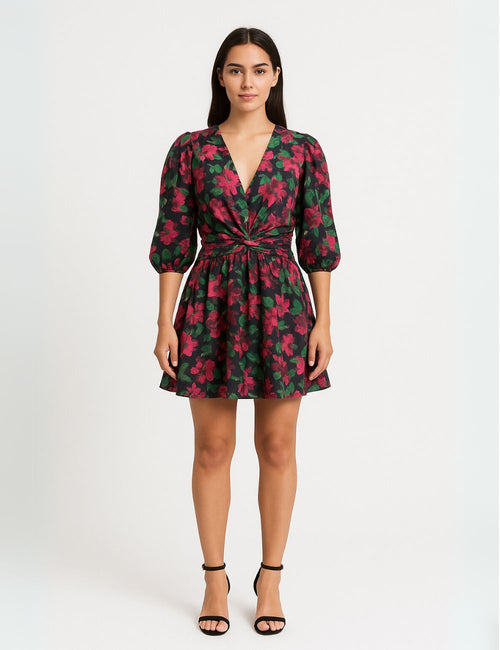 Preowned MISA floral mini dress with puff sleeves, deep V neckline, and cinched waist in pink and green – Fashion House