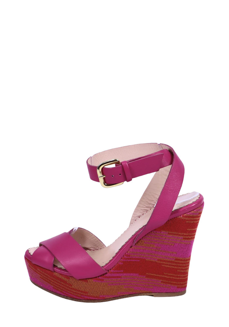 Missoni pink leather platform wedge sandals with multicolor woven knit wedge heel and ankle strap