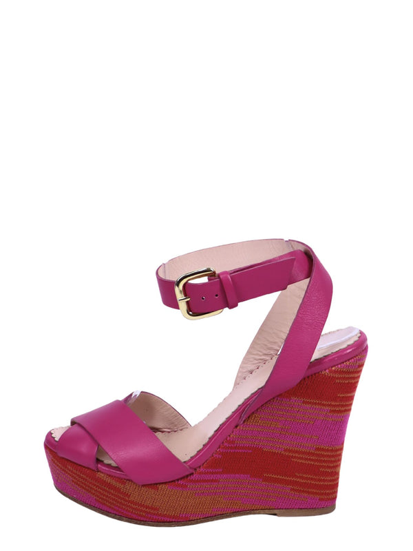 Missoni pink leather platform wedge sandals with multicolor woven knit wedge heel and ankle strap