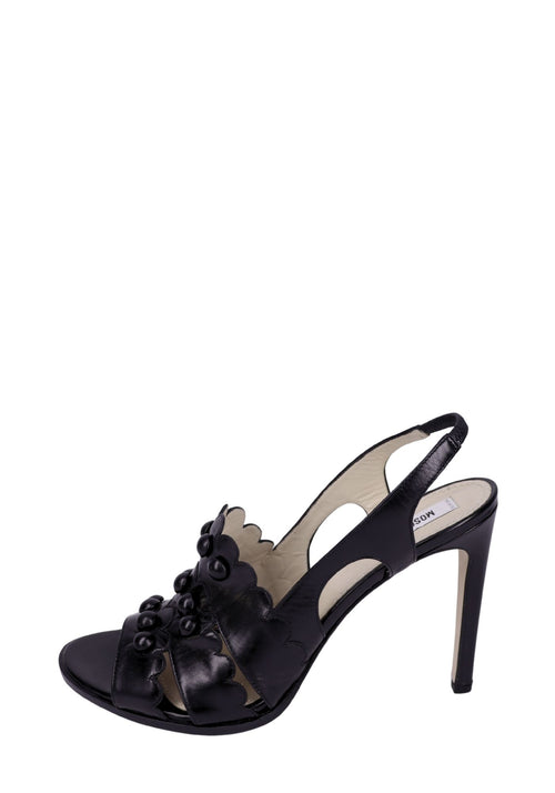 Moschino black leather slingback heels with open toe and 3D embellished front detail