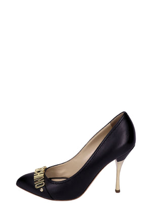 Moschino black leather pointed-toe pumps with gold logo hardware and metallic stiletto heel