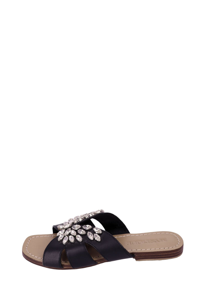 Mystique black leather slide sandals with crystal embellishments