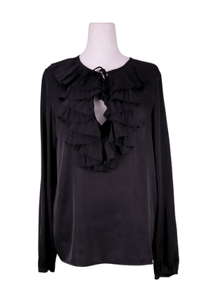 P.A.R.O.S.H black long sleeve blouse with cascading ruffle front and tie neckline detail
