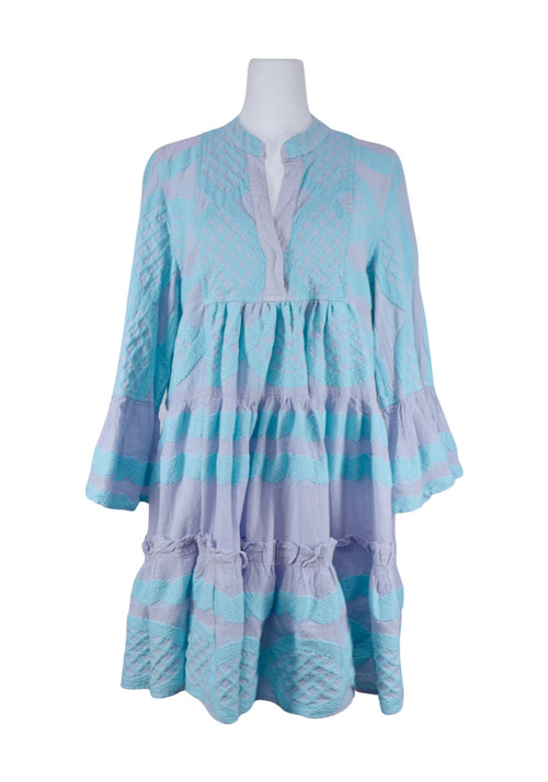 Pearl and Caviar blue embroidered boho mini dress with tiered silhouette