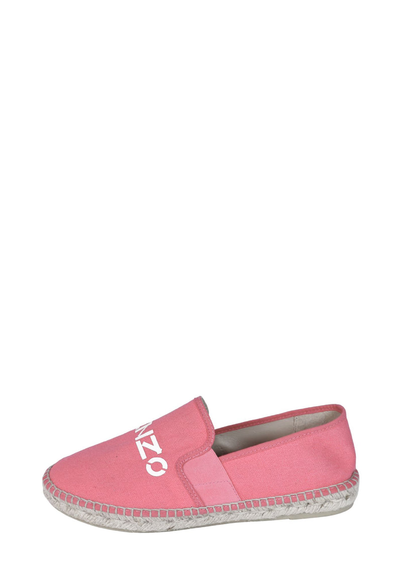 Kenzo pink canvas espadrilles with white logo print and braided jute soles.
