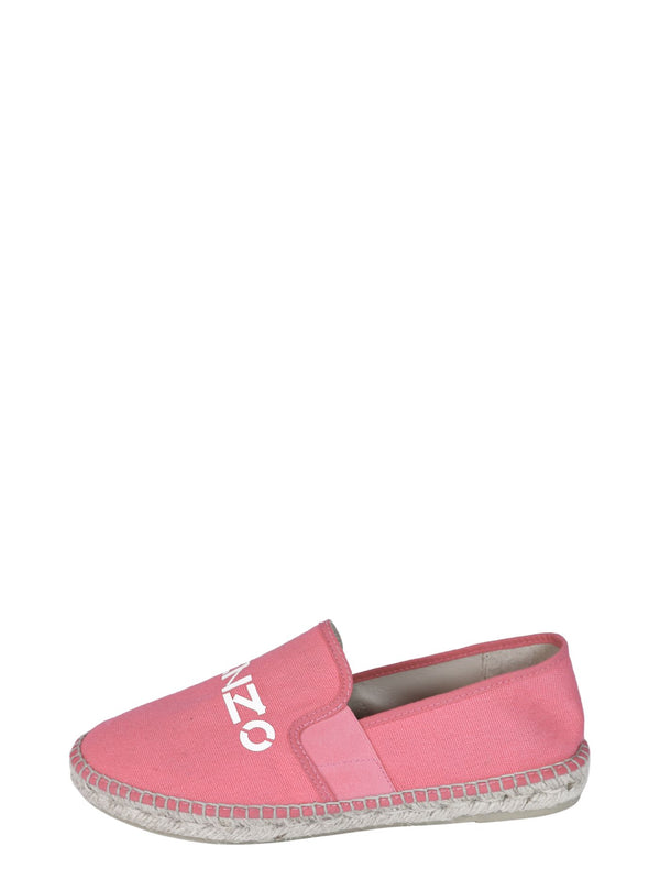 Kenzo pink canvas espadrilles with white logo print and braided jute soles.