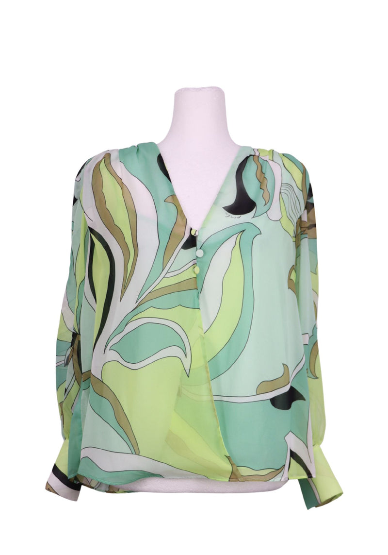 Pinko sheer blouse with abstract green and beige swirl print, long sleeves, and relaxed silhouette