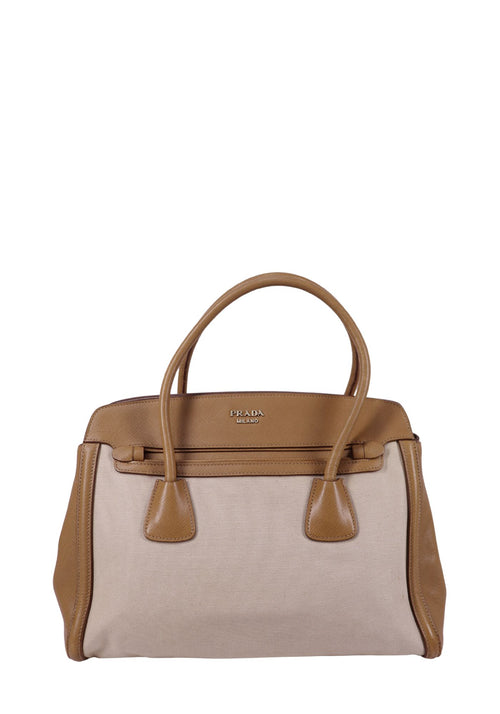 Prada beige canvas handbag with tan saffiano leather trim and Prada Milano logo 
