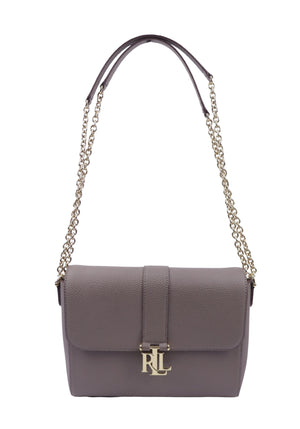 Lauren Ralph Lauren taupe leather shoulder bag with gold chain strap and RL logo clasp