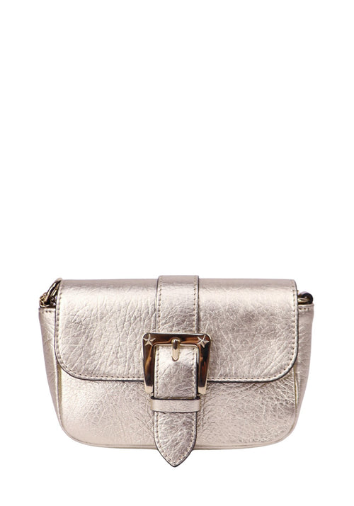 Red Valentino metallic gold leather crossbody bag with buckle flap closure and chain strap