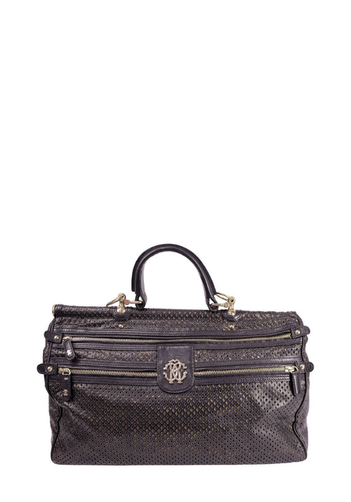Roberto Cavalli black perforated leather handbag with gold undertone and logo hardware