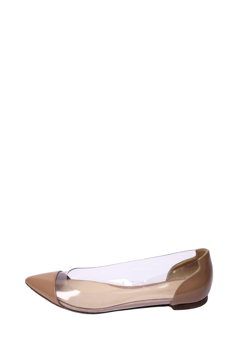 Gianvito Rossi nude pointed flats with transparent PVC panels and glossy patent leather cap toes.