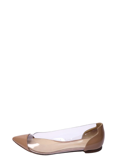 Gianvito Rossi nude pointed flats with transparent PVC panels and glossy patent leather cap toes.