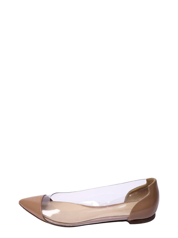 Gianvito Rossi nude pointed flats with transparent PVC panels and glossy patent leather cap toes.