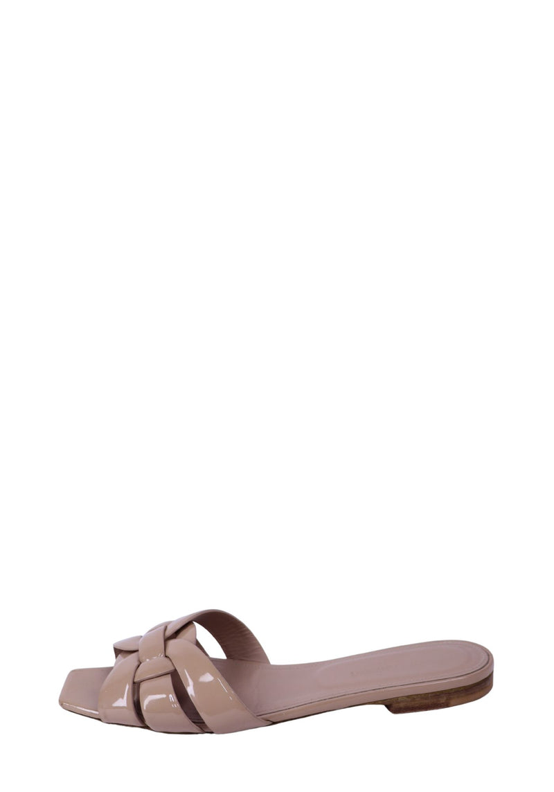 Saint Laurent nude beige patent leather slide sandals with woven strap detail and square toe design