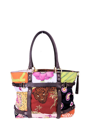 Salvatore Ferragamo multicolor printed tote bag with brown leather trim, patchwork-inspired artwork