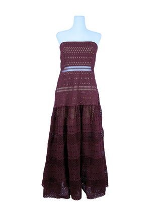 Self-Portrait burgundy strapless lace midi dress with flared skirt