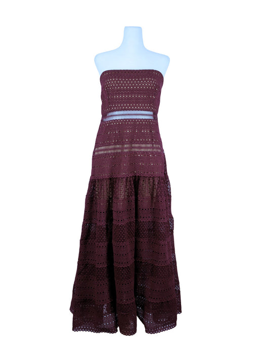 Self-Portrait burgundy strapless lace midi dress with flared skirt
