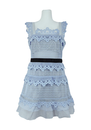 Self-Portrait baby blue lace mini dress with black waistband and tiered skirt