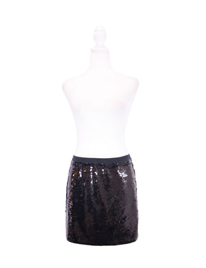 DKNY black sequin mini skirt with fitted silhouette and elastic waistband

