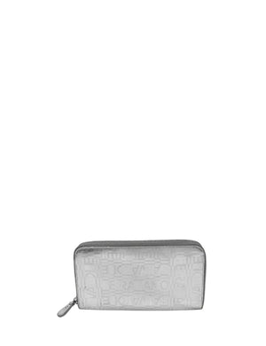 Salvatore Ferragamo silver zip around wallet with all over Ferragamo logo pattern