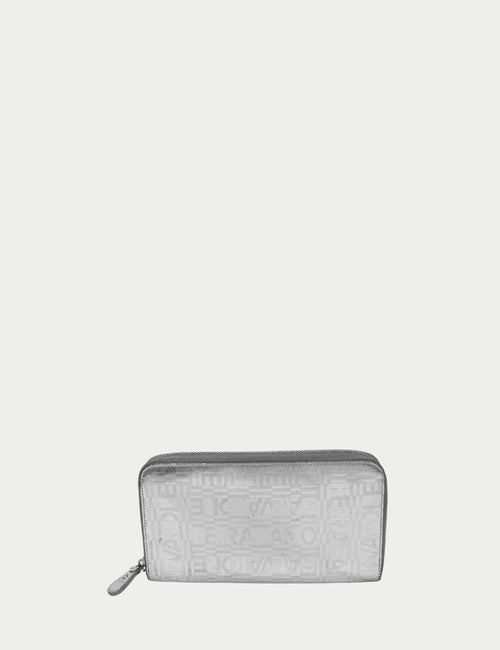 Salvatore Ferragamo silver zip around wallet with all over Ferragamo logo pattern