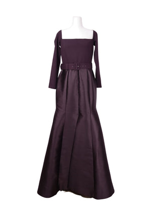 Solace London burgundy structured maxi dress with long sleeves and belted waist