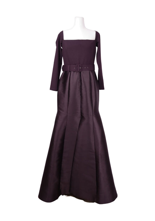 Solace London burgundy structured maxi dress with long sleeves and belted waist