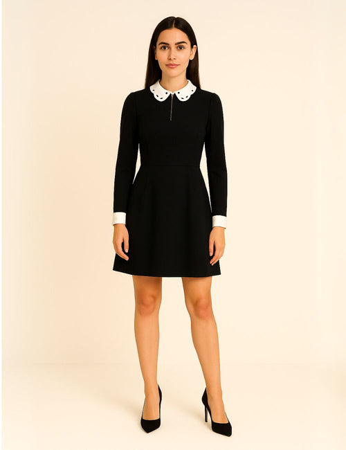 Preowned Ted Baker black mini dress with white scalloped collar, contrast cuffs, and fit-and-flare silhouette – Fashion House Amman