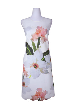 Ted Baker white sleeveless dress with large pink floral print and round neckline