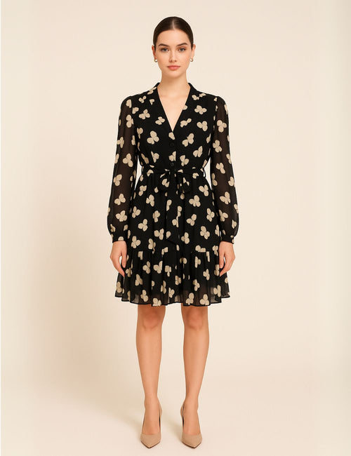 Preowned The Kooples sheer black mini dress with ivory butterfly print, long sleeves, and belted waist – Fashion House Jordan