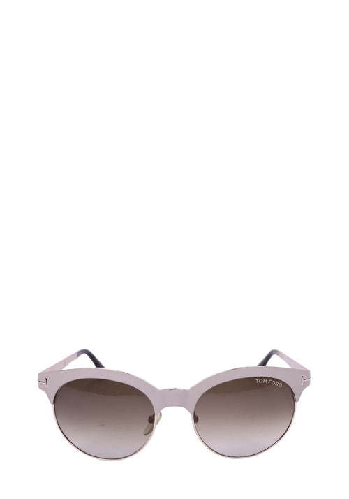 Authentic Tom Ford shield sunglasses with gradient grey lenses, metallic taupe frame, and signature T temple detailing.